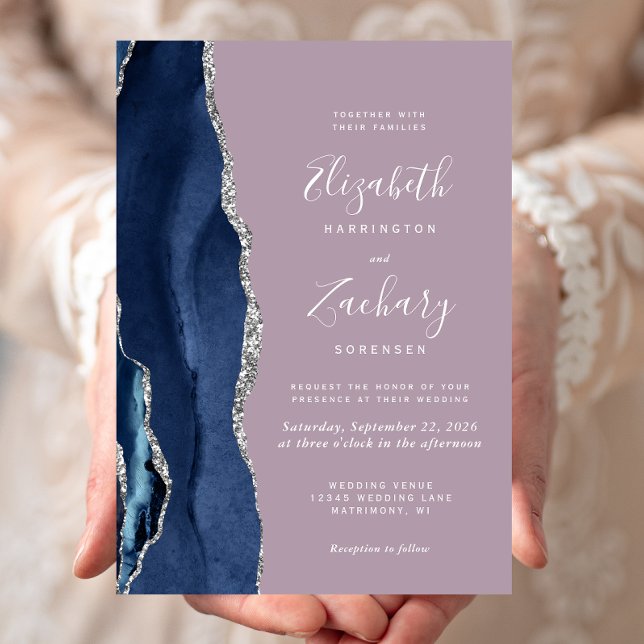 Modern Navy Blue Silver Agate Mauve Wedding Invitation (Creator Uploaded)