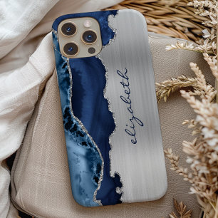 Modern Navy Blue Silver Agate Metallic iPhone 11 Pro Case