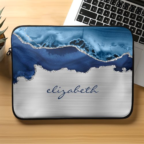 Modern Navy Blue Silver Agate Metallic Laptop Sleeve