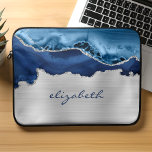 Modern Navy Blue Silver Agate Metallic Laptop Sleeve<br><div class="desc">This trendy laptop sleeve features a navy blue watercolor agate design trimmed with silver faux glitter,  on a silver faux brushed metal foil background. Personalize it with your name or monogram in navy blue handwriting-style script.</div>