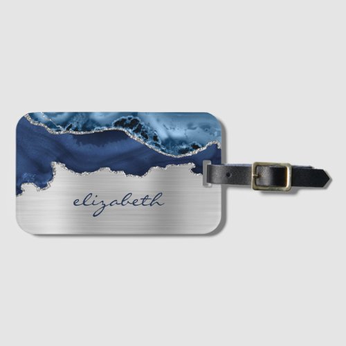 Modern Navy Blue Silver Agate Metallic Luggage Tag