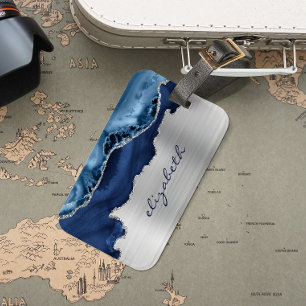 Modern Navy Blue Silver Agate Metallic Luggage Tag