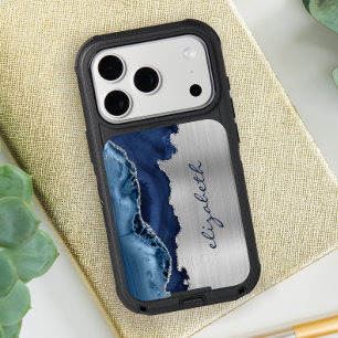 Modern Navy Blue Silver Agate Metallic iPhone 17 Pro Case