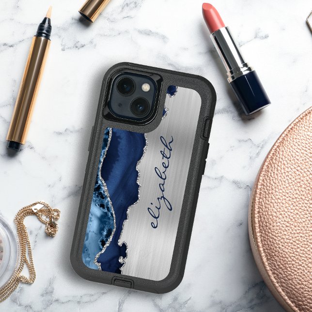 Modern Navy Blue Silver Agate Metallic Otterbox iPhone Case (Creator Uploaded)