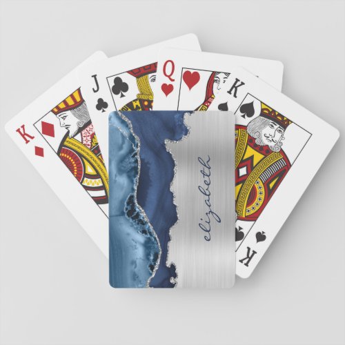 Modern Navy Blue Silver Agate Metallic Poker Cards