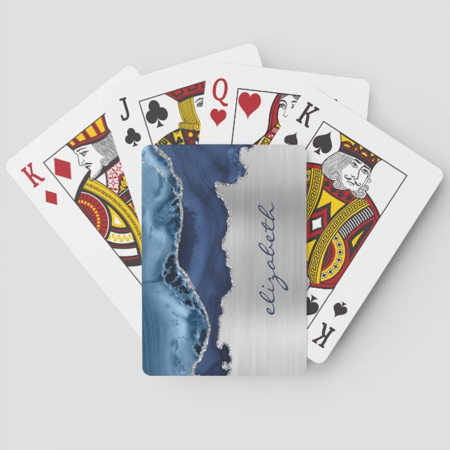 Modern Navy Blue Silver Agate Metallic Poker Cards (Back)