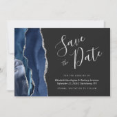 Modern Navy Blue Silver Agate Save the Date Card (Front)