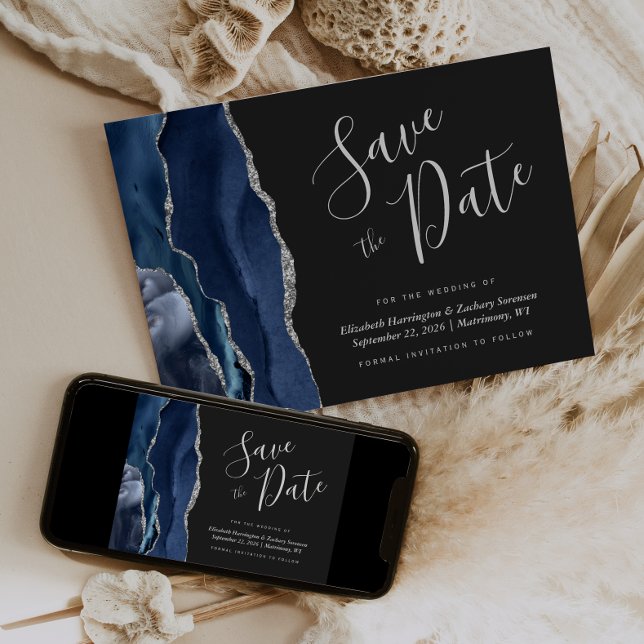 Modern Navy Blue Silver Agate Save the Date Card