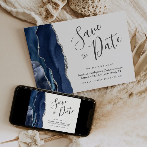 Modern Navy Blue Silver Agate Save the Date Card