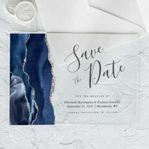 Modern Navy Blue Silver Agate Save the Date Card