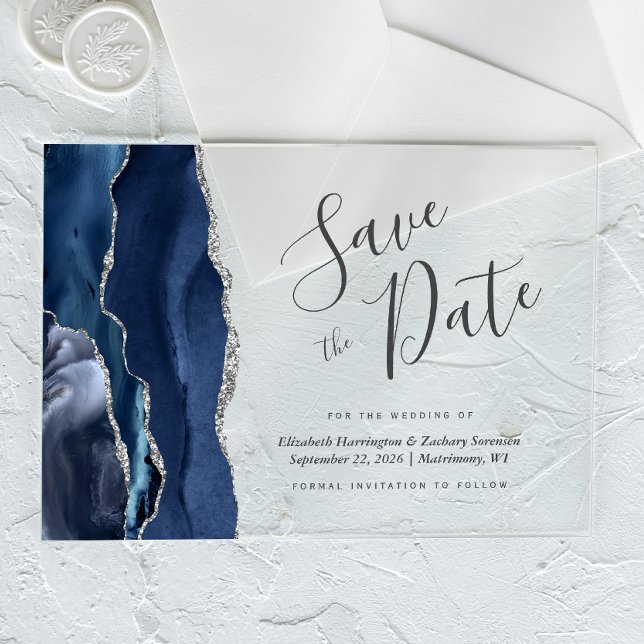 Modern Navy Blue Silver Agate Save the Date Card Acrylic Invitations (Creator Uploaded)