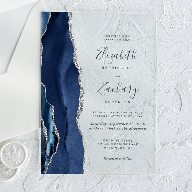 Modern Navy Blue Silver Agate Wedding Acrylic Invitations (Creator Uploaded)