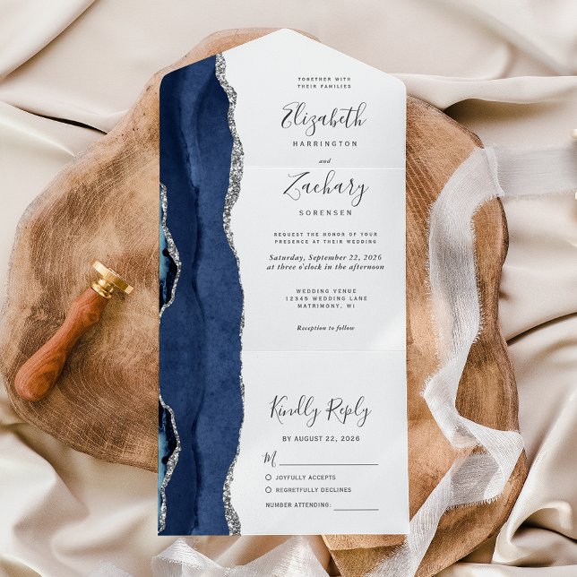 Modern Navy Blue Silver Agate Wedding All In One Invitation (Creator Uploaded)