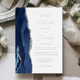 Modern Navy Blue Silver Agate Wedding Foil Invitation