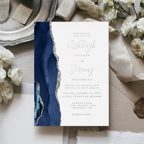 Modern Navy Blue Silver Agate Wedding Foil Invitation