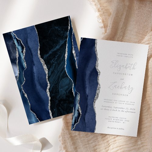 Modern Navy Blue Silver Agate Wedding Foil Invitation