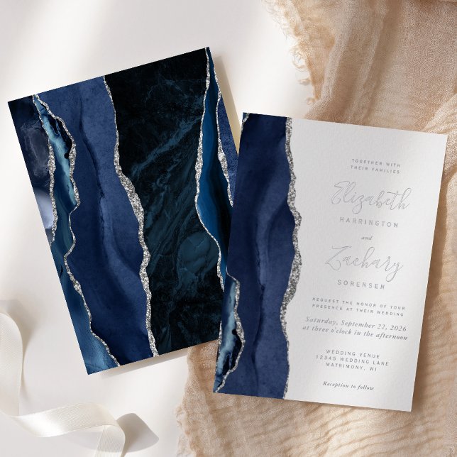 Modern Navy Blue Silver Agate Wedding Foil Invitation (Creator Uploaded)