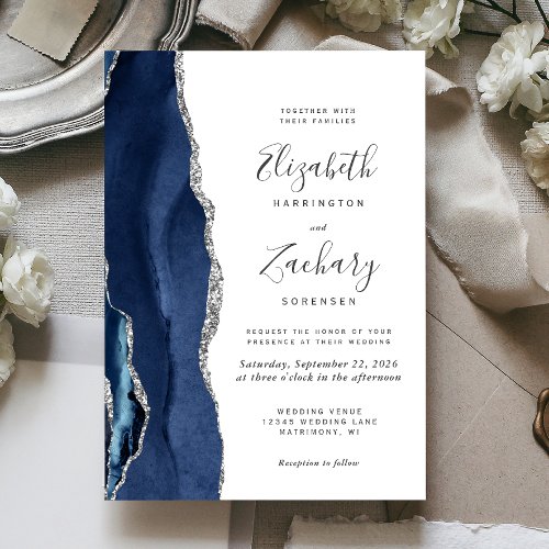 Modern Navy Blue Silver Agate Wedding Invitation