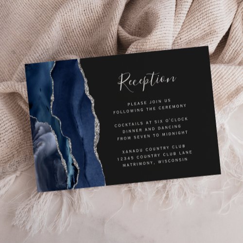 Modern Navy Blue Silver Agate Wedding Reception Enclosure Card
