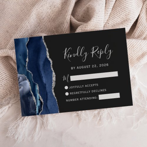 Modern Navy Blue Silver Agate Wedding RSVP Card