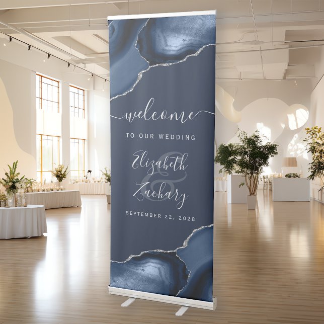 Modern Navy Blue Silver Agate Wedding Welcome Retractable Banner (Creator Uploaded)