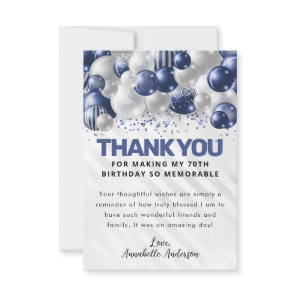 Modern Navy Blue Silver Balloon Glitter Birthday Thank You Card