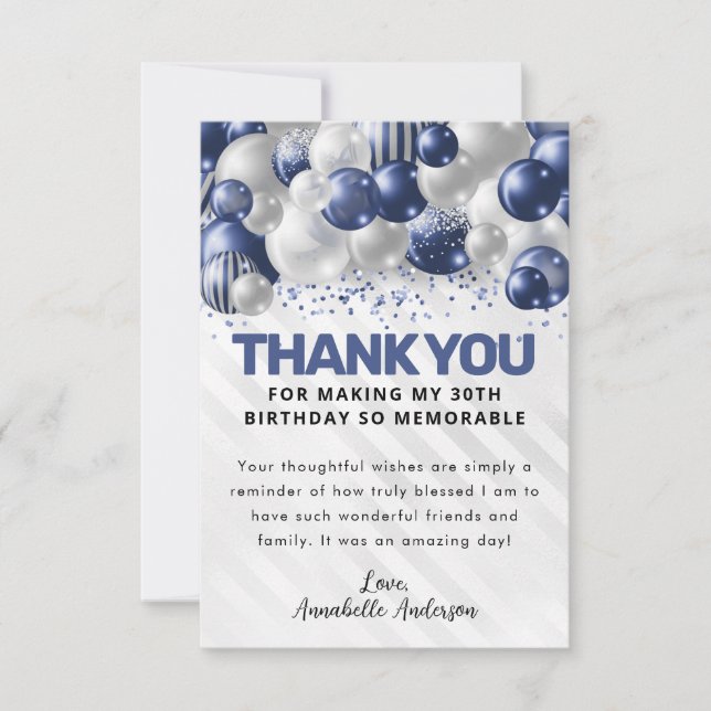 Modern Navy Blue Silver Balloon Glitter Birthday Thank You Card (Front)