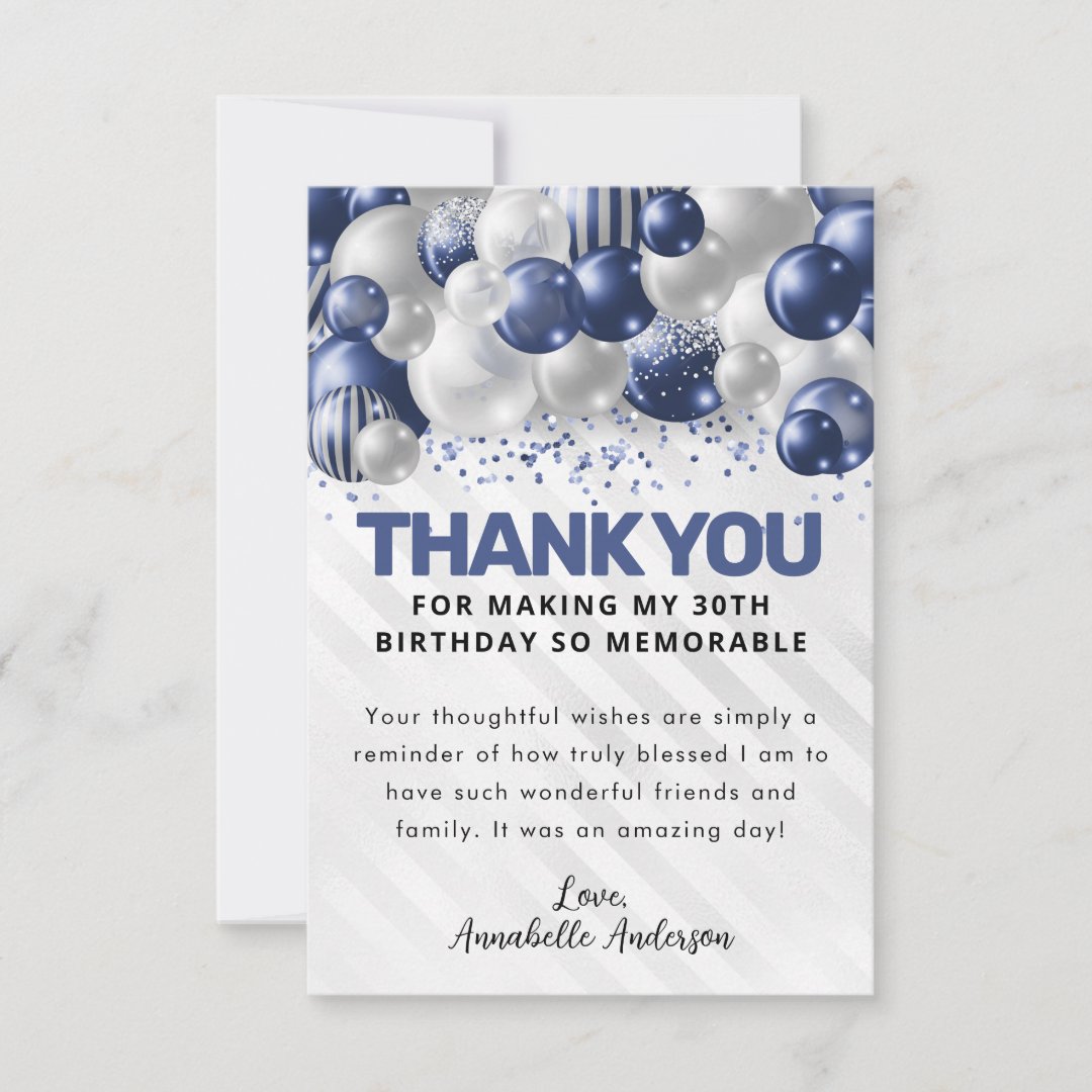 Modern Navy Blue Silver Balloon Glitter Birthday Thank You Card Zazzle