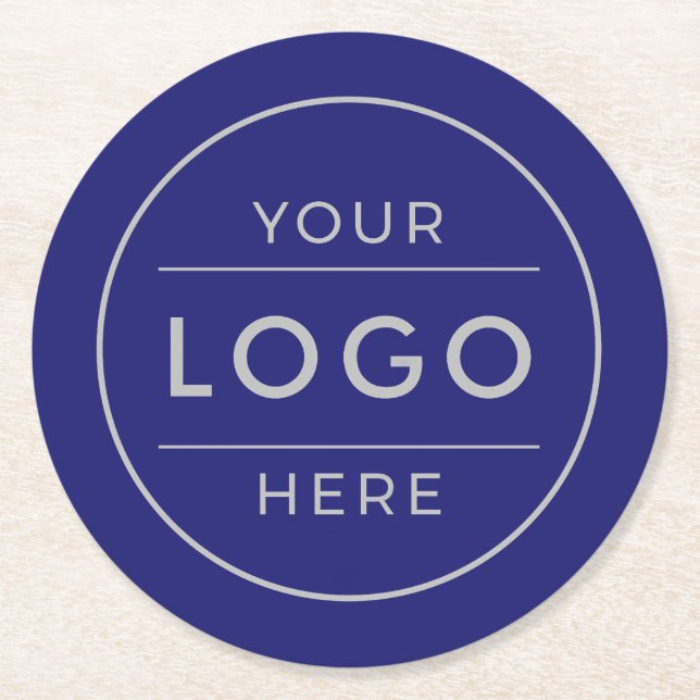 Modern Navy Blue Silver Custom Business Logo Round Paper Coaster (Front)