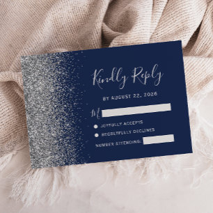 Modern Navy Blue Silver Faux Glitter Edge RSVP Card