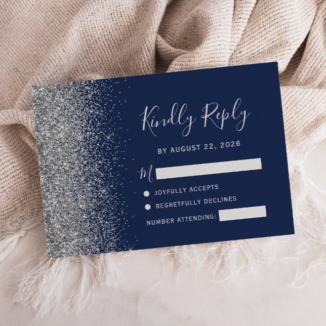 Modern Navy Blue Silver Faux Glitter Edge RSVP Card (Creator Uploaded)