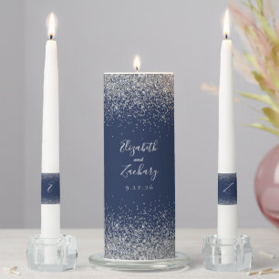 Modern Navy Blue Silver Faux Glitter Edge Unity Candle Set
