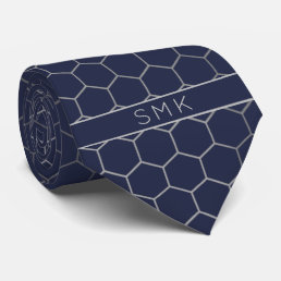 Modern Navy Blue Silver Foil Geometric Monogram Neck Tie