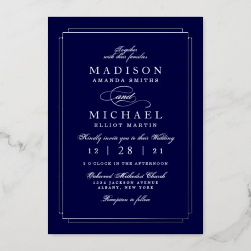 Modern Navy Blue  Silver Foil Wedding Invitation Foil Invitation