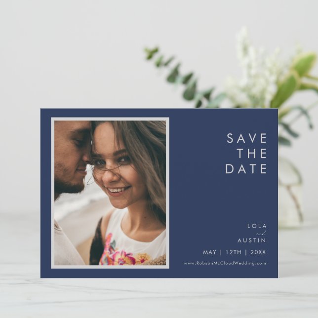 Modern Navy Blue | Silver Font Photo Horizontal Save The Date (Standing Front)