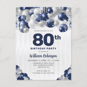 Modern Navy Blue Silver Glitter Balloon Birthday Postcard
