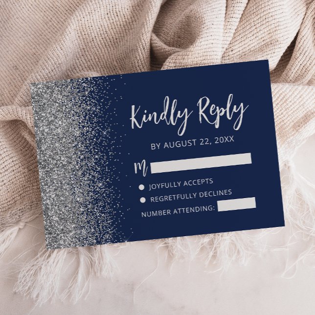 Modern Navy Blue Silver Glitter Calligraphy Script RSVP Card (Creator Uploaded)