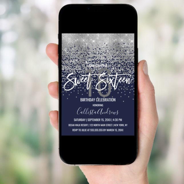 Modern Navy Blue Silver Glitter Confetti Sweet 16 Invitation (Front Digital)