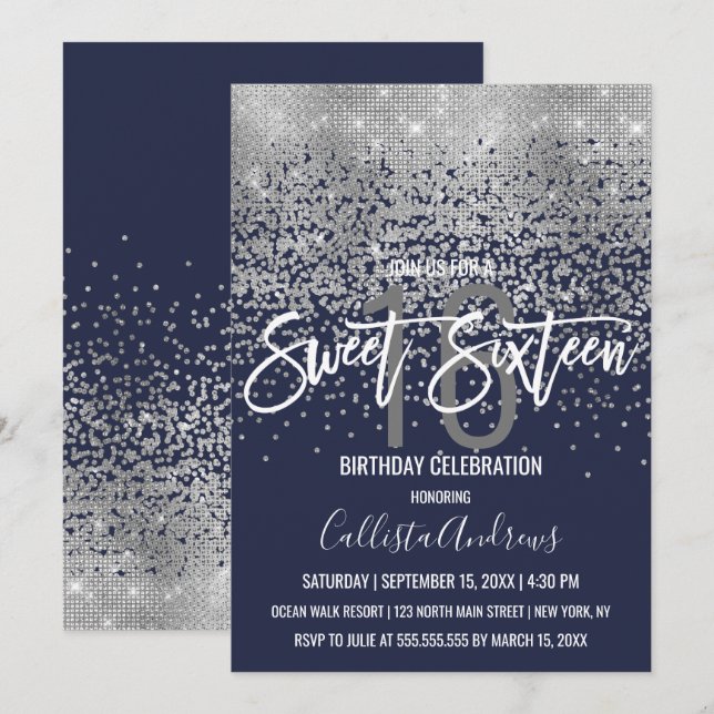 Modern Navy Blue Silver Glitter Confetti Sweet 16 Invitation (Front/Back)