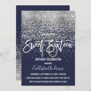 Modern Navy Blue Silver Glitter Confetti Sweet 16 Invitation