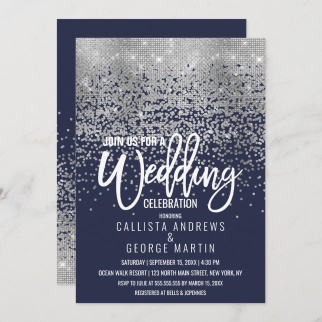 Modern Navy Blue Silver Glitter Confetti Wedding Invitation (Front/Back)
