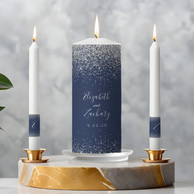 Modern Navy Blue Silver Glitter Edge Unity Candle Set (Creator Uploaded)
