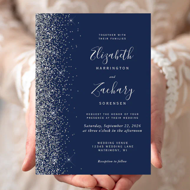 Modern Navy Blue Silver Glitter Edge Wedding Invitation | Zazzle