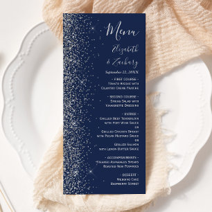 Modern Navy Blue Silver Glitter Edge Wedding Menu