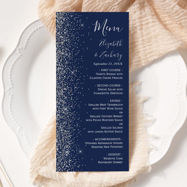 Modern Navy Blue Silver Glitter Edge Wedding Menu (Creator Uploaded)