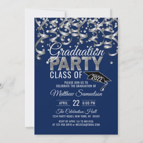 Modern Navy Blue Silver Glitter GRADUATION Party I Invitation