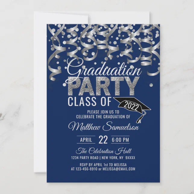 Modern Navy Blue Silver Glitter GRADUATION Party I Invitation | Zazzle