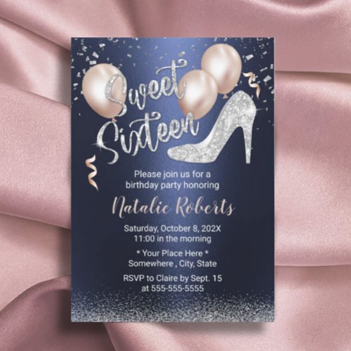 Modern Navy Blue Silver Glitter High Heel Sweet 16 Invitation