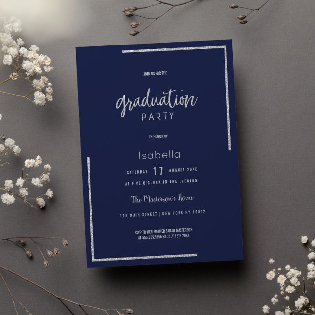 Modern navy blue silver glitter trendy Graduation Invitation