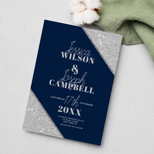 Modern navy blue silver glitter typography wedding invitation